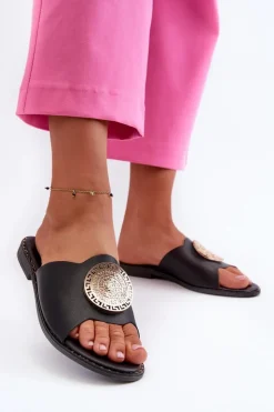 Damskie Evento Klapki Damskie Na Płaskim Obcasie Z Ozdobą Czarne Rivashea