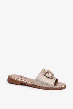 Damskie Damskie buty S.Barski Klapki Damskie Na Płaskim Obcasie Z Ozdobnym Detalem KV51-007 Złote