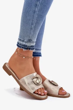 Damskie Damskie buty S.Barski Klapki Damskie Na Płaskim Obcasie Z Ozdobnym Detalem KV51-007 Złote