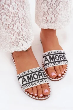 Boto Klapki Damskie Klasyczne*Klapki Damskie Na Płaskim Obcasie Ze Zdobieniem Amore Białe Avelina Biały