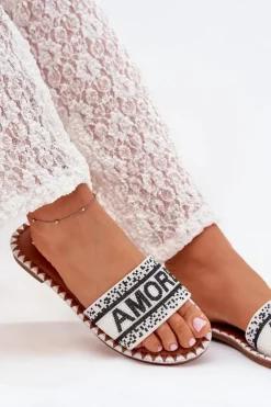 Boto Klapki Damskie Klasyczne*Klapki Damskie Na Płaskim Obcasie Ze Zdobieniem Amore Białe Avelina Biały