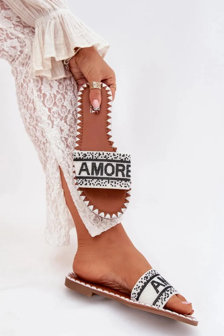 Boto Klapki Damskie Klasyczne*Klapki Damskie Na Płaskim Obcasie Ze Zdobieniem Amore Białe Avelina Biały