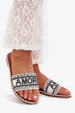 Boto Klapki Damskie Klasyczne*Klapki Damskie Na Płaskim Obcasie Ze Zdobieniem Amore Białe Avelina Biały