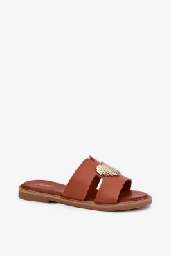 Online Evento Klapki Damskie Na Płaskim Obcasie Ze Złotą Ozdobą Camel Karinma Brązowy