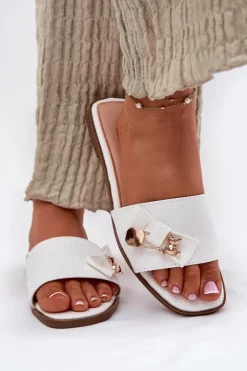 Damskie Boto Klapki Damskie Na Płaskim Obcasie Z Kokardą Białe Sallariela