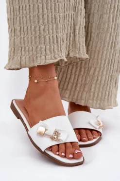 Damskie Boto Klapki Damskie Na Płaskim Obcasie Z Kokardą Białe Sallariela