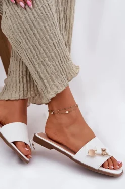 Damskie Boto Klapki Damskie Na Płaskim Obcasie Z Kokardą Białe Sallariela