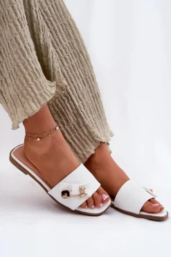 Damskie Boto Klapki Damskie Na Płaskim Obcasie Z Kokardą Białe Sallariela