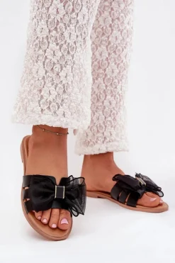 Clearance Boto Klapki Damskie Na Płaskim Obcasie Z Tiulową Kokardą Czarne Tanira