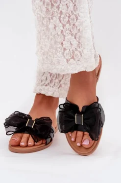 Clearance Boto Klapki Damskie Na Płaskim Obcasie Z Tiulową Kokardą Czarne Tanira