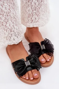 Clearance Boto Klapki Damskie Na Płaskim Obcasie Z Tiulową Kokardą Czarne Tanira