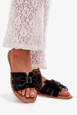 Clearance Boto Klapki Damskie Na Płaskim Obcasie Z Tiulową Kokardą Czarne Tanira