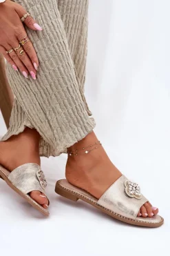 Damskie buty S.Barski Klapki Damskie Klasyczne*Klapki Damskie Na Płaskim Obcasie Z Ozdobnym Detalem S.Barski KV51-087 Złote