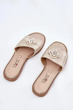 Damskie buty S.Barski Klapki Damskie Klasyczne*Klapki Damskie Na Płaskim Obcasie Z Ozdobnym Detalem S.Barski KV51-087 Złote