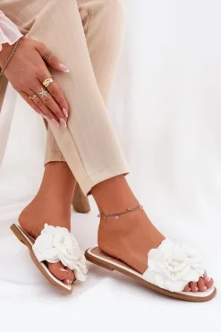 Damskie Boto Klapki Damskie Na Płaskim Obcasie Z Ozdobnymi Kwiatami Białe Misorsse