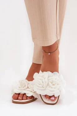 Damskie Boto Klapki Damskie Na Płaskim Obcasie Z Ozdobnymi Kwiatami Białe Misorsse