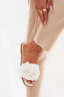 Damskie Boto Klapki Damskie Na Płaskim Obcasie Z Ozdobnymi Kwiatami Białe Misorsse