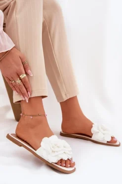 Damskie Boto Klapki Damskie Na Płaskim Obcasie Z Ozdobnymi Kwiatami Białe Misorsse