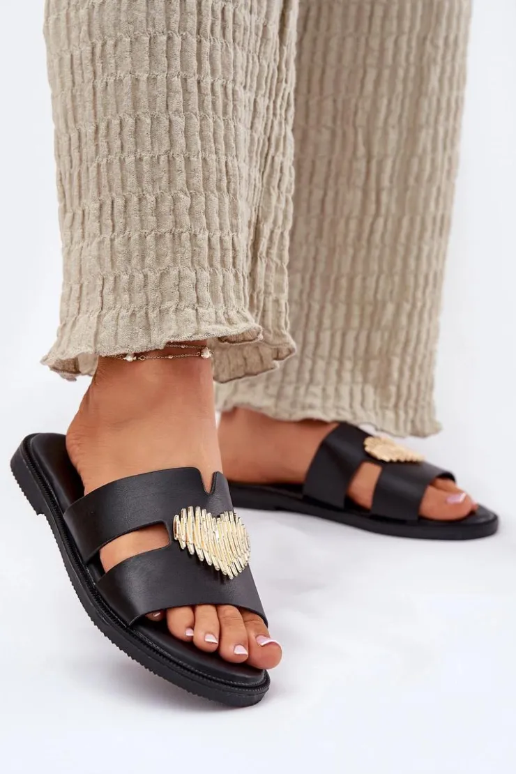 Evento Klapki Damskie Klasyczne*Klapki Damskie Na Płaskim Obcasie Ze Złotą Ozdobą Czarne Karinma Czarny