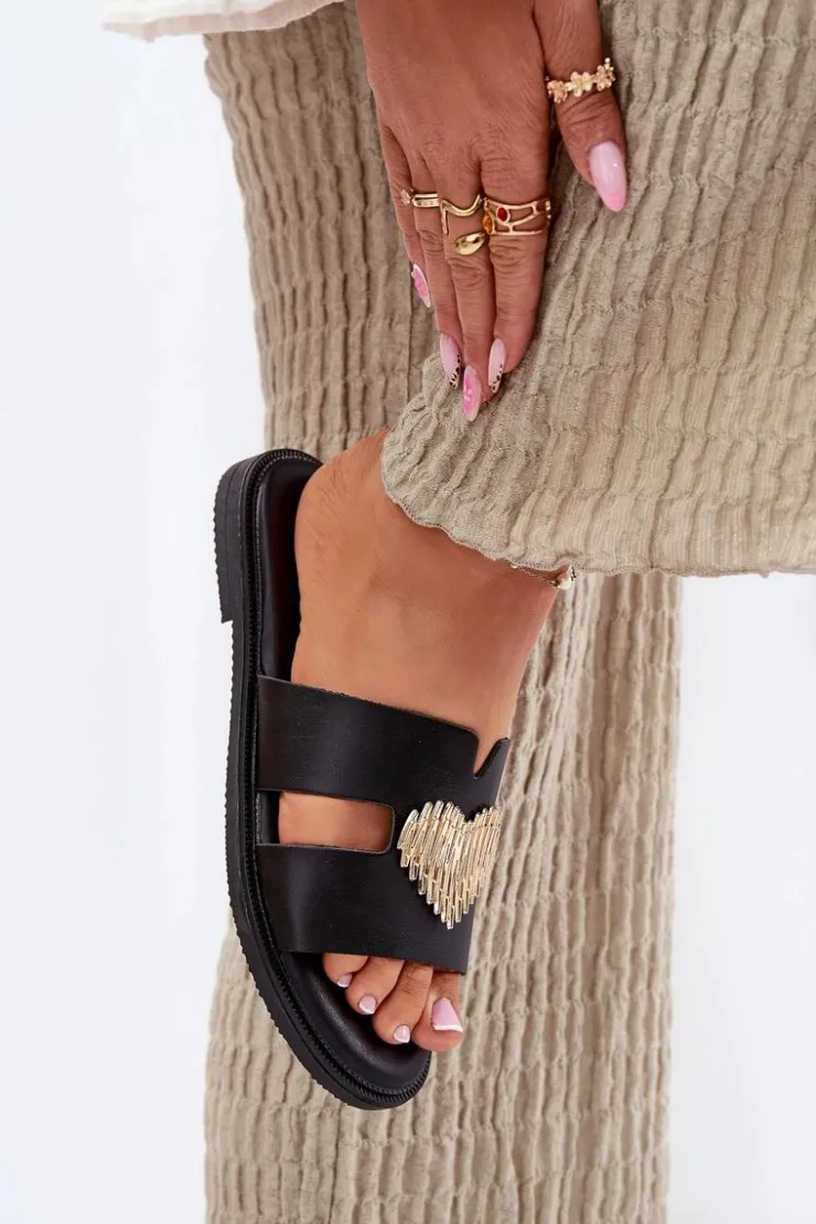 Evento Klapki Damskie Klasyczne*Klapki Damskie Na Płaskim Obcasie Ze Złotą Ozdobą Czarne Karinma Czarny