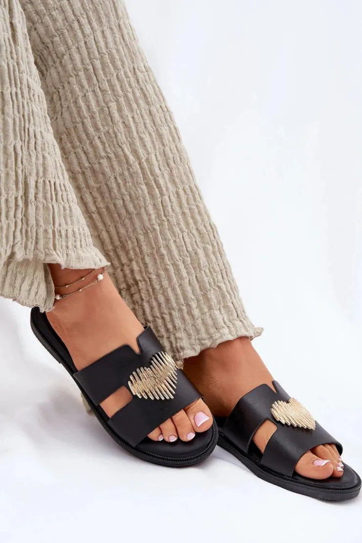 Evento Klapki Damskie Klasyczne*Klapki Damskie Na Płaskim Obcasie Ze Złotą Ozdobą Czarne Karinma Czarny