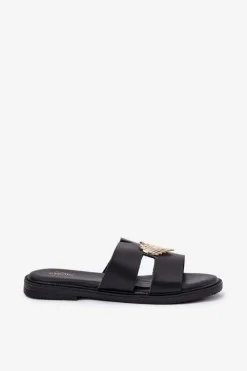 Evento Klapki Damskie Klasyczne*Klapki Damskie Na Płaskim Obcasie Ze Złotą Ozdobą Czarne Karinma Czarny