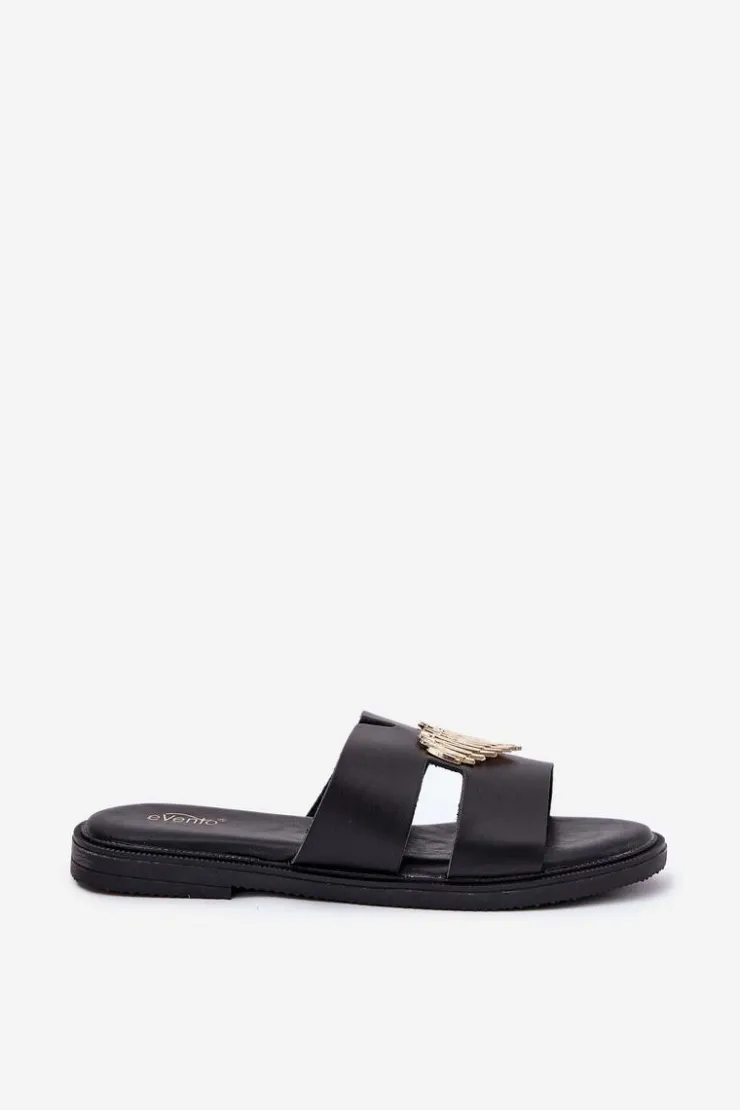Evento Klapki Damskie Klasyczne*Klapki Damskie Na Płaskim Obcasie Ze Złotą Ozdobą Czarne Karinma Czarny