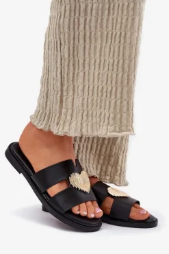 Evento Klapki Damskie Klasyczne*Klapki Damskie Na Płaskim Obcasie Ze Złotą Ozdobą Czarne Karinma Czarny