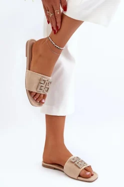 Damskie Boto Klapki Damskie Na Płaskim Obcasie Z Ozdobą Beżowe Inaile