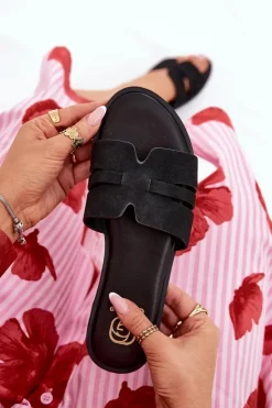 Damskie Boto Klapki Damskie Na Płaskim Obcasie Z Wycięciami Eko Zamszowe Czarne Teterre