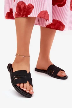 Damskie Boto Klapki Damskie Na Płaskim Obcasie Z Wycięciami Eko Zamszowe Czarne Teterre