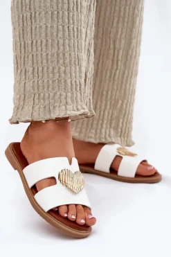 Damskie Evento Klapki Damskie Na Płaskim Obcasie Ze Złotą Ozdobą Białe Karinma