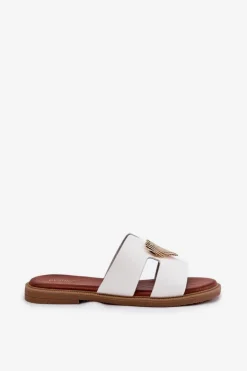 Damskie Evento Klapki Damskie Na Płaskim Obcasie Ze Złotą Ozdobą Białe Karinma