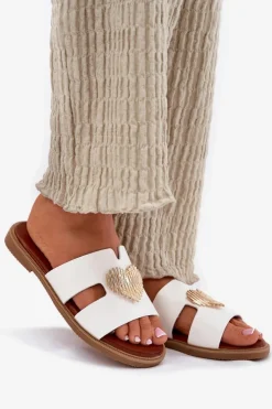 Damskie Evento Klapki Damskie Na Płaskim Obcasie Ze Złotą Ozdobą Białe Karinma