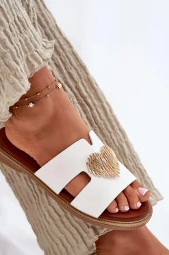 Damskie Evento Klapki Damskie Na Płaskim Obcasie Ze Złotą Ozdobą Białe Karinma