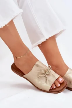 Evento Klapki Damskie Klasyczne*Klapki Damskie Na Płaskim Obcasie Z Ozdobnym Wiązaniem Złote Norela Złoty