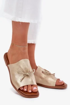 Evento Klapki Damskie Klasyczne*Klapki Damskie Na Płaskim Obcasie Z Ozdobnym Wiązaniem Złote Norela Złoty