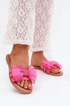 Boto Klapki Damskie Klasyczne*Klapki Damskie Na Płaskim Obcasie Z Tiulową Kokardą Fuksja Tanira