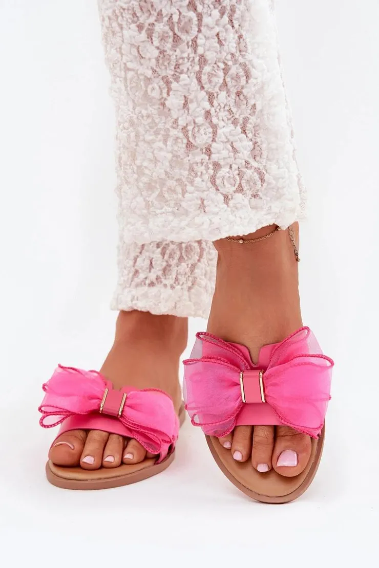 Boto Klapki Damskie Klasyczne*Klapki Damskie Na Płaskim Obcasie Z Tiulową Kokardą Fuksja Tanira