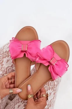 Boto Klapki Damskie Klasyczne*Klapki Damskie Na Płaskim Obcasie Z Tiulową Kokardą Fuksja Tanira