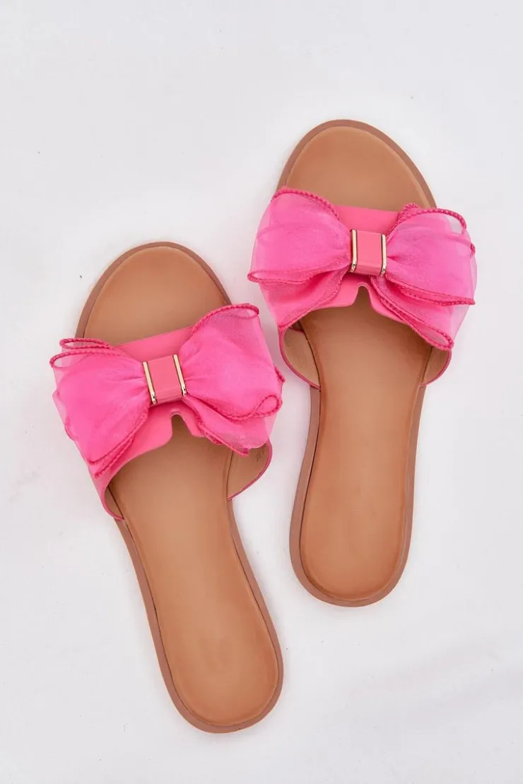 Boto Klapki Damskie Klasyczne*Klapki Damskie Na Płaskim Obcasie Z Tiulową Kokardą Fuksja Tanira