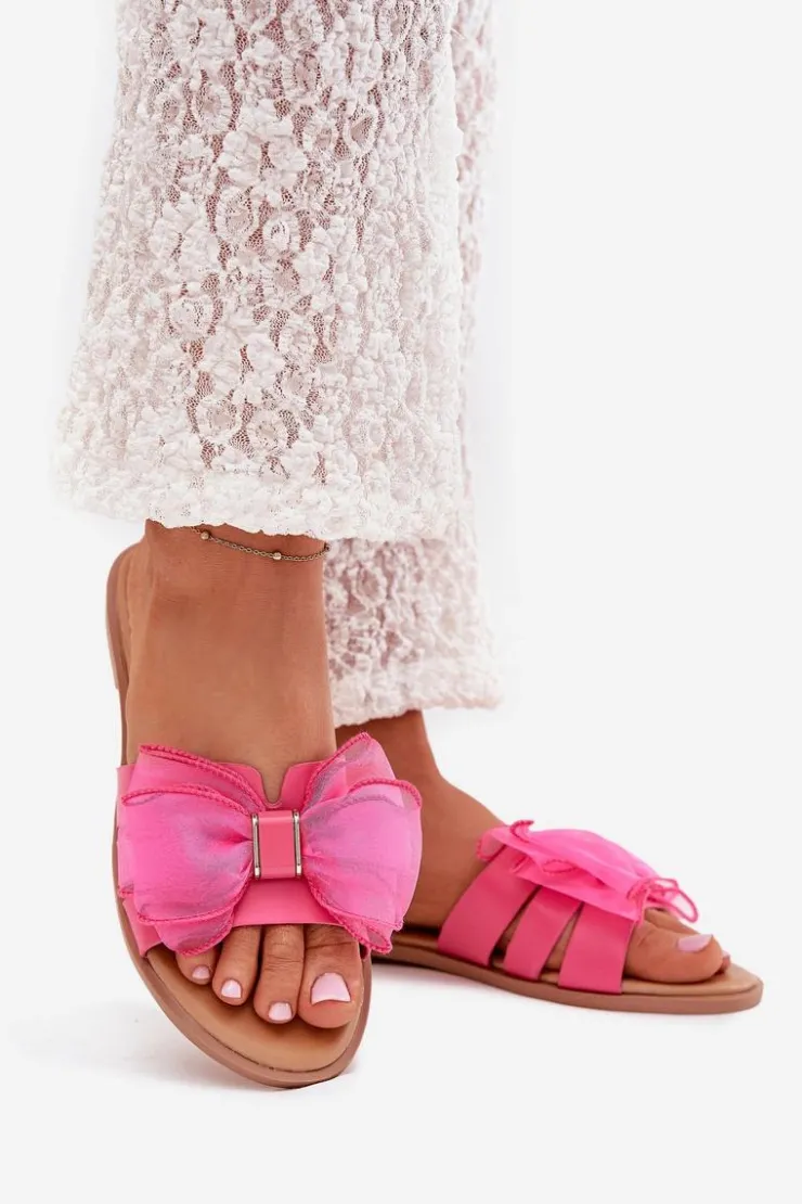 Boto Klapki Damskie Klasyczne*Klapki Damskie Na Płaskim Obcasie Z Tiulową Kokardą Fuksja Tanira