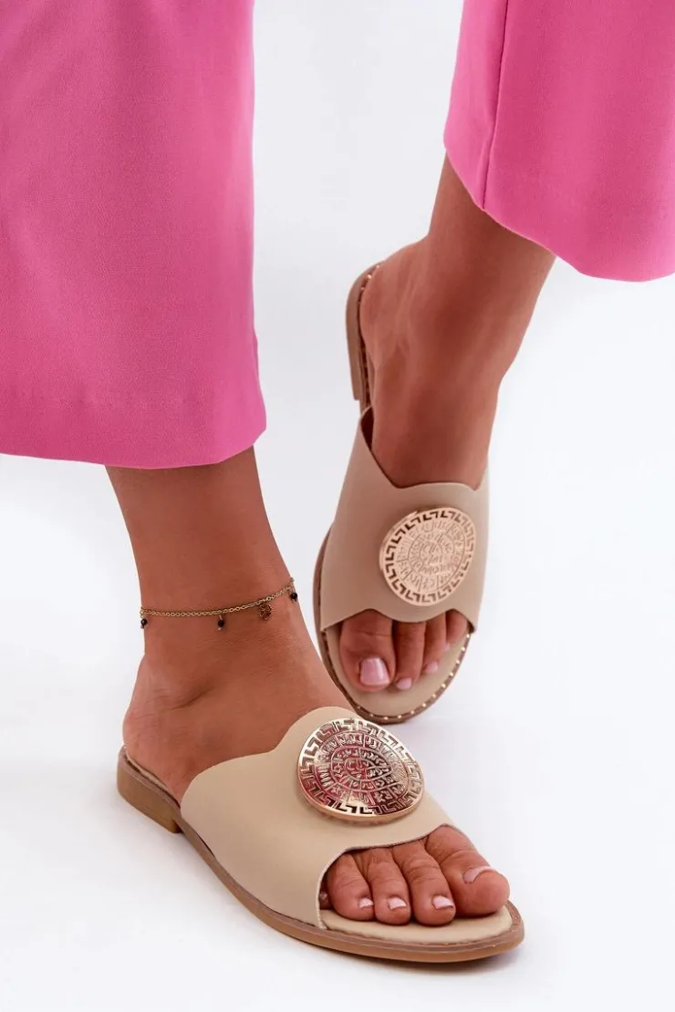 New Evento Klapki Damskie Na Płaskim Obcasie Z Ozdobą Beżowe Rivashea