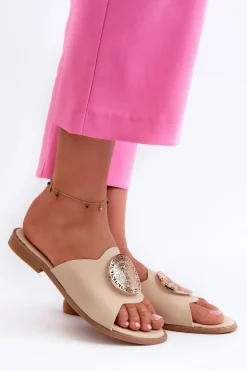 New Evento Klapki Damskie Na Płaskim Obcasie Z Ozdobą Beżowe Rivashea