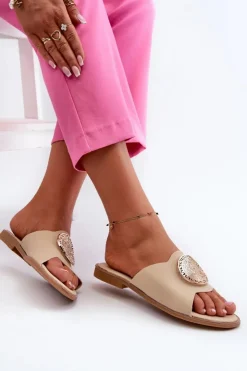 New Evento Klapki Damskie Na Płaskim Obcasie Z Ozdobą Beżowe Rivashea