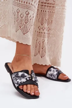 Damskie Boto Klapki Damskie Na Płaskim Obcasie Z Kokardą Czarne Avenza