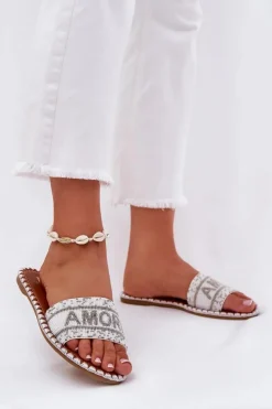 Damskie Boto Klapki Damskie Na Płaskim Obcasie Ze Zdobieniem Białe Dorfedi