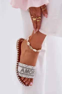 Damskie Boto Klapki Damskie Na Płaskim Obcasie Ze Zdobieniem Białe Dorfedi