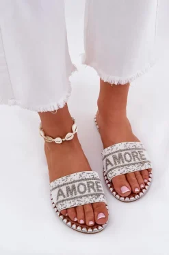 Damskie Boto Klapki Damskie Na Płaskim Obcasie Ze Zdobieniem Białe Dorfedi