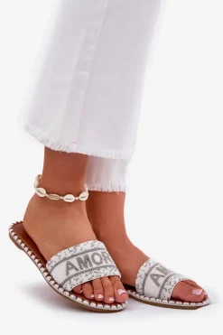 Damskie Boto Klapki Damskie Na Płaskim Obcasie Ze Zdobieniem Białe Dorfedi